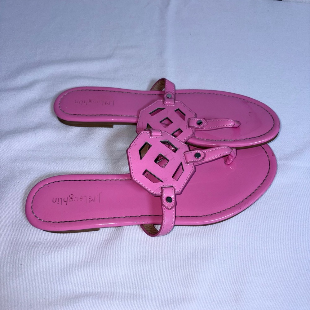J.McLaughlin Thong Sandals 9.5 Pink Good Patent Leather Geometric Cutout Flat